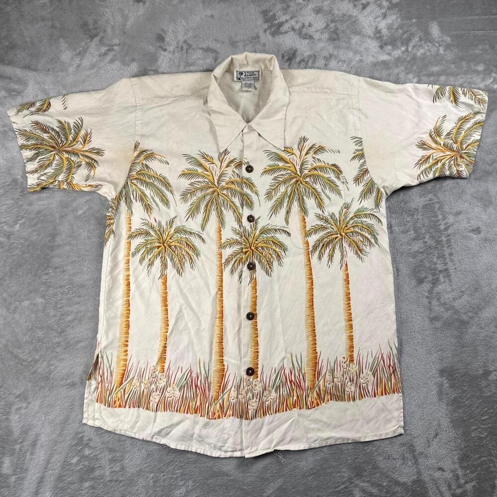 Vintage Avanti Hawaiian Shirt Mens Medium Cream Palm Tree 100% Silk Button Up